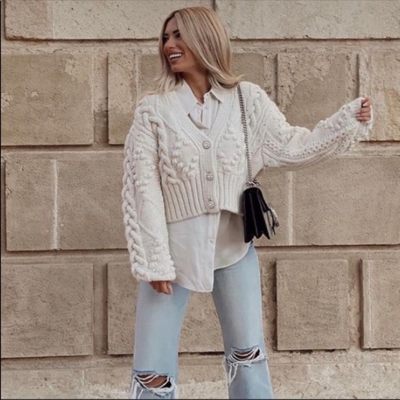 Zara Sweaters - Zara Knit Cardigan Jewel Button Cream Ivory